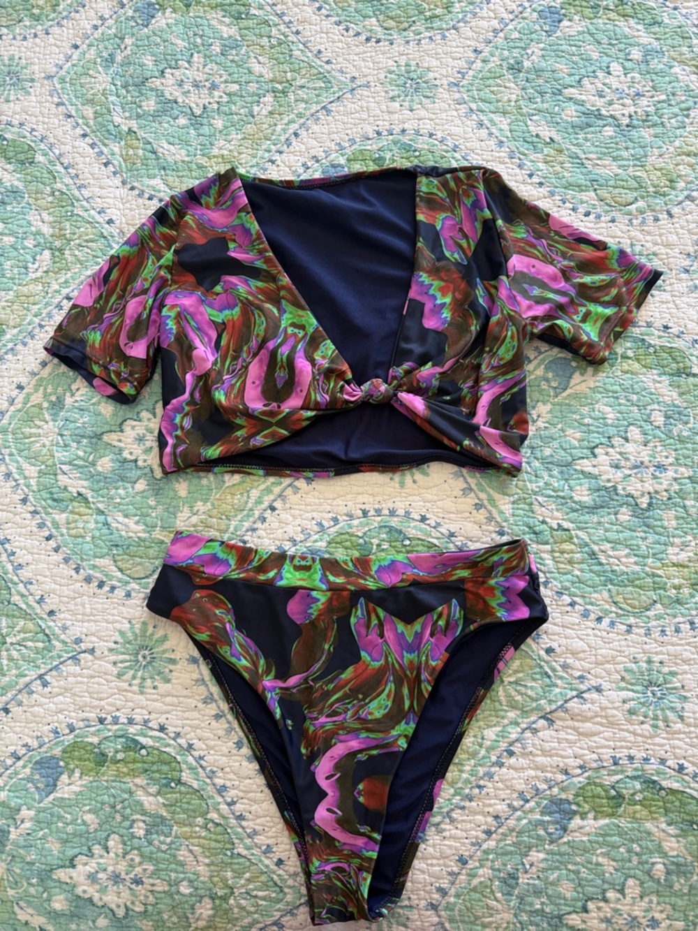 SHEIN Black Multicolor Swirl Knot-Front Bikini Set